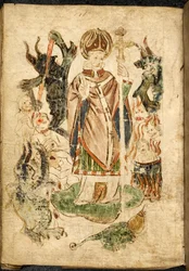 Saint Patrick, i biskopsdräkt, håller ett krucifix och gör en välsignelsegest, står på ön Lough Derg, Donegal (Irland), omgiven av demoner och plågade själar. Bild tagen från ""Purgatory of Saint Patrick"", engelskt manuskript, m