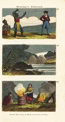Samuel Hearne tittar på en indiansk svärdssvalare 58, nordamerikansk bäver, Castor canadensis 59 och indianer som kokar vatten i en trätunna med varma stenar 60