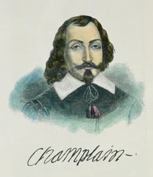 Illustration av Samuel de Champlain (ca 1567-1635) från volym IV av "Narrative and Critical History of America", 1886 (senare färgläggning).