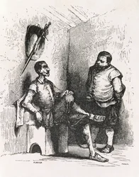 Sancho: Jag borde skapa en sällsynt hyresvärd, illustration från akt II, scen I av Don Quijote i England. En komedi, graverad av P. Soyer