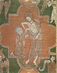 Scen från Kristi liv, detalj från Syon Cope, 1300-20 (linne broderat med metalltrådar och siden)