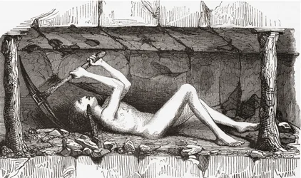 Scen inuti en engelsk kolgruva, tidigt 1800-tal (gravyr)