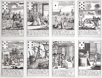 Uppsättning spelkort som visar satiriska scener av aktuella kommersiella satsningar och investeringar, ca 1720