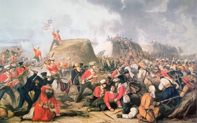 Sgt. McCabe höjer färgerna på vallarna vid slaget vid Sobraon (färg litho)