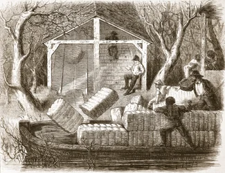 Att skjuta bomullsbalar i den främre delen av flodångaren Magnolia, illustration från The Illustrated London News, 1861
