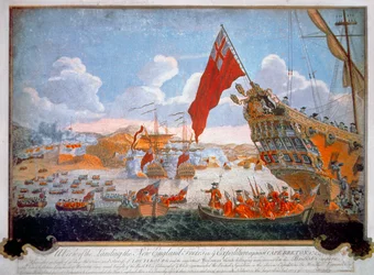 Belägring av den franska fästningen Louisbourg 1745 av brittiska fartyg och kolonialer från New England (färg litho)
