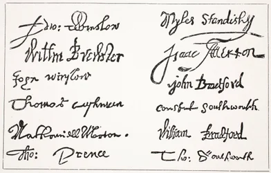 Pilgrimsfädernas signaturer, illustration från Hutchinsons Story of the British Nation, ca 1923