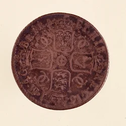 Silverengelska Groschen, kung Karl II av England (1630-1685) 1671. Diam. 2,4 cm Neapel, museo archeologico