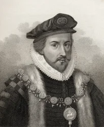 Sir Christopher Hatton, graverad av Bocquet, illustration från "A catalogue of Royal and Noble Authors, Volume II", publicerad 1806