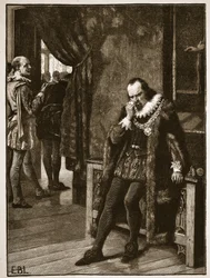 Sir Francis Bacon väntar på en publik av Buckingham, illustration från Cassells Illustrated History of England (sepiafoto)