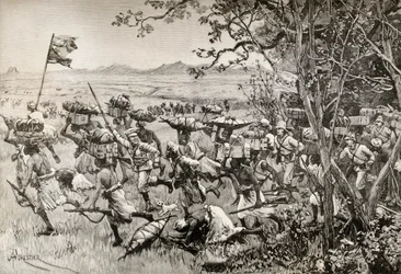 Sir Henry Morton Stanley och hans män kommer till slut ut ur skogen och in på gräsmarken 1887, under Emin Pashas hjälpexpedition i Afrika