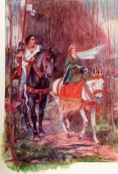 Sir Lancelot och drottning Guinevere. Färgad illustration från boken The Gateway to Tennyson publicerad 1910.