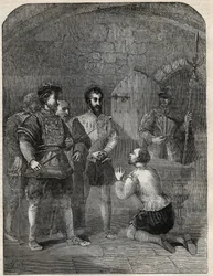 Sir Thomas Wyatt The Younger (1521-1554) på väg till avrättning, och befriar högtidligt prinsessan Elizabeth och Courtenay från deltagande i hans uppror - 1554 - gravyr från "" History of England"" av Cassell Petter & Galpin