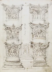 Six Capitals, a Lesene and Two Column Bases, Folio 1, The Master of the Oxford Album, c.1512-17 (penna och mörkbrunt bläck)