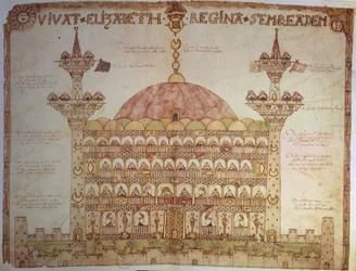 Sloane 5234 fol.91v-92 Representation of Haghia Sophia, Konstantinopel, med vers av Thomas Morgan (vellum)