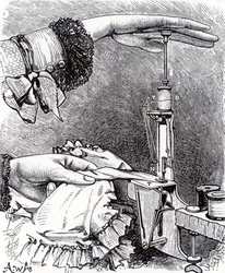 Liten symaskin med låssöm, åtta tum lång, vägande 8 ounce, från Cassells Family Magazine, publicerad 1886
