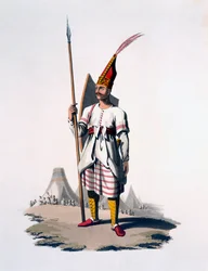Soldat från Albanien, en infanterist från den osmanska armén, 1818 (färgad akvatint)
