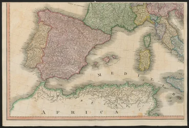 Spanien och Portugal, från Europa, som beskriver alla förändringar av territoriet, tillsammans med deras avvikelser i gränslinjerna för dess flera imperier och stater som överenskommits om och bekräftas av det definitiva fördraget i Paris, 20 november 1815
