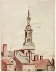 Spire of All Saints Parish Church (kroppsfärg, penna och akvarell på papper)