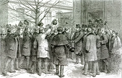 Sr. Robert Koch (1843-1910) lämnar det kungliga sjukhuset, där den engelska patienten behandlas, från The Graphic, 6 december 1890