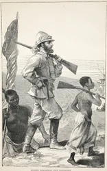 Stanley närmar sig Tanganyikasjön, illustration från The Pictorial Edition av David Livingstones liv och upptäckter av J. Ewing Richie, pub. av A. Fullarton & Co., 1876
