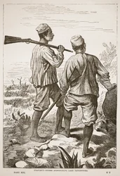 Stanleys guider närmar sig Tanganyikasjön, illustration ur Den illustrerade utgåvan av David Livingstones liv och upptäckter av J. Ewing Richie, utgiven av A. Fullarton & Co., 1876