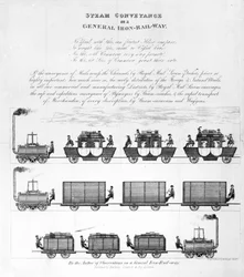 Ångtransport på en allmän järnjärnväg, 1825 (gravyr)