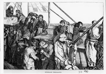 Steerage Emigrants på däcket av ett passagerarfartyg från Europa till den nya världen, ca 1870