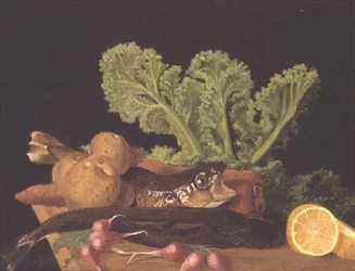 Stilleben med grönsaker och fisk
