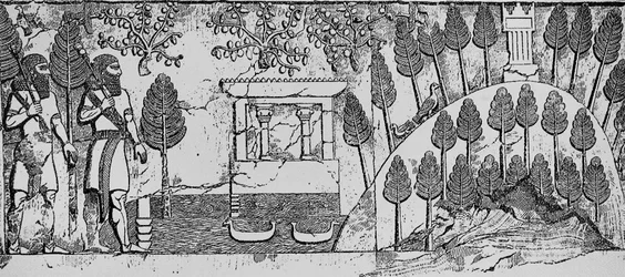 Stenbasrelief av ett tempel och en konstgjord kulle i parken Sargon II i Khorsabad, ca 715 f.Kr.