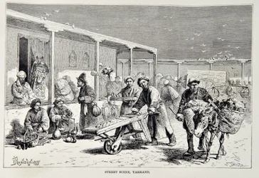 Street Scene, Yarkand, illustration från The Universal Geography, the Earth and its inhabitants av Elisee Reclus, publicerad 1878