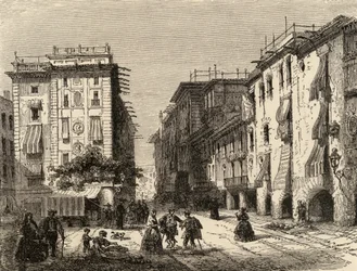 Gata i Barcelona, illustration från "Spanish Pictures" av pastor Samuel Manning (gravyr)