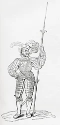 Dräkt av ribbad och graverad rustning, från Old England: Ett bildmuseum, pub. 1847