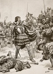 Överlämnande av Franciskus på slagfältet i Pavia, illustration från Cassells Illustrated History of England (sepiafoto)