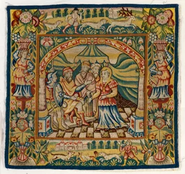 Gobeläng kuddfodral föreställande Susannah före domaren (en av uppsättningen av sex Sheldon gobelänger, omfattande 47,9 till 47,14), tillverkad i Sheldon, England, om den är äkta