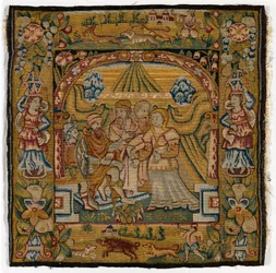 Kuddfodral i gobeläng föreställande Susannah inför domaren, tillverkad i Sheldon, England, efter 1600 (ull)