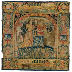 Kuddfodral i gobeläng föreställande Susannah på väg till badet, tillverkad i Sheldon, England, efter 1600 (ull)
