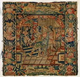 Gobeläng kuddfodral föreställande The Elders before Daniel, tillverkat i Sheldon, England, efter 1600 (ull)