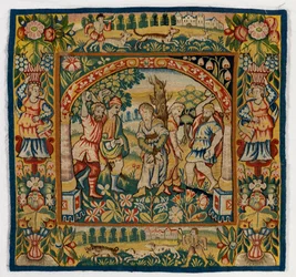 Gobeläng kuddfodral som föreställer The Stening of Elders (en av uppsättningen av sex Sheldon Tapestries, omfattande 47,9 till 47,14), tillverkad i Sheldon, England, om den är äkta