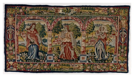 Gobeläng lång kudde föreställande Faith, Hope and Charity, gjord i Sheldon, England, sent 1500-tal (ull)
