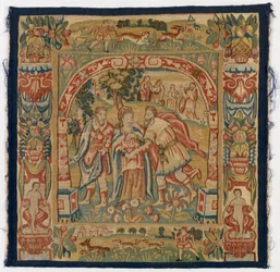 Tapestrypanel föreställande Drottningen av Saba möter Salomo, gjord i Sheldon, England