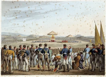 Te deum på slagfältet i "Historiska, militära och marina anekdoter och händelser som kom i armarna på Storbritannien och deras allierade och slutade vid Waterloo" av Edward Orme. Ill. av Fry, Sutherland, Clark, Dubourg, W.Heart, JA, Atkinson... Red. 1819, 