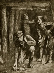 Spänt ögonblick i gruvdrift i trench, 1914-19