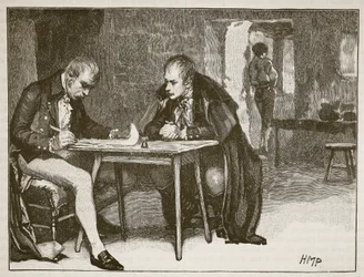 Storbritanniens och Sveriges agenter undertecknar fördraget mot Napoleon, illustration från Cassells Illustrated History of England (sepiafoto)