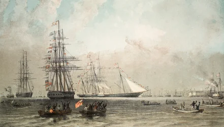 Ankomsten av den kungliga yachten utanför Gravesend, den 7 mars 1863, från A Memorial of bröllopet av Edward VII och Alexandra of Denmark, pub. 1864