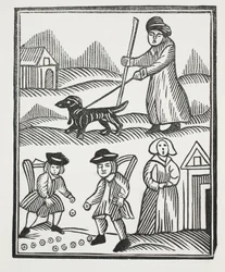 Tiggaren som reser med sin hund, tar hem goda förråd av rikedom till proggen, med vilken han överträffar riddaren, och vigs sitt barn till hennes förtjusning, illustration från Chap-books of the Arteenth Cen