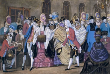 The Bread and Butter Manufactory, eller Humors of Bagnigge Wells, pub. Av Carington Bowles, 1772 99:Macaroni style; traditionell kostym; traditionell klänning; mode; vattenkokare; koppar;