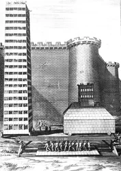 Tegeltornet och Musculus vid belägringen av Marseille, graverad av Cornelis Huyberts, illustration från Caesars Commentaries översatt till engelska av William Duncan, publicerad 1753
