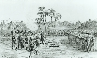 Begravningen av general Earle och överstar Eyre och Coveney i Kirbekan, från The Campaign of the Cataracts av general William Francis Butler, publicerad 1887