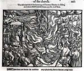 The Burning of Thomas Haukes, 10 juni 1555, från "Acts and Monuments" av John Foxe (1516-87) 1563